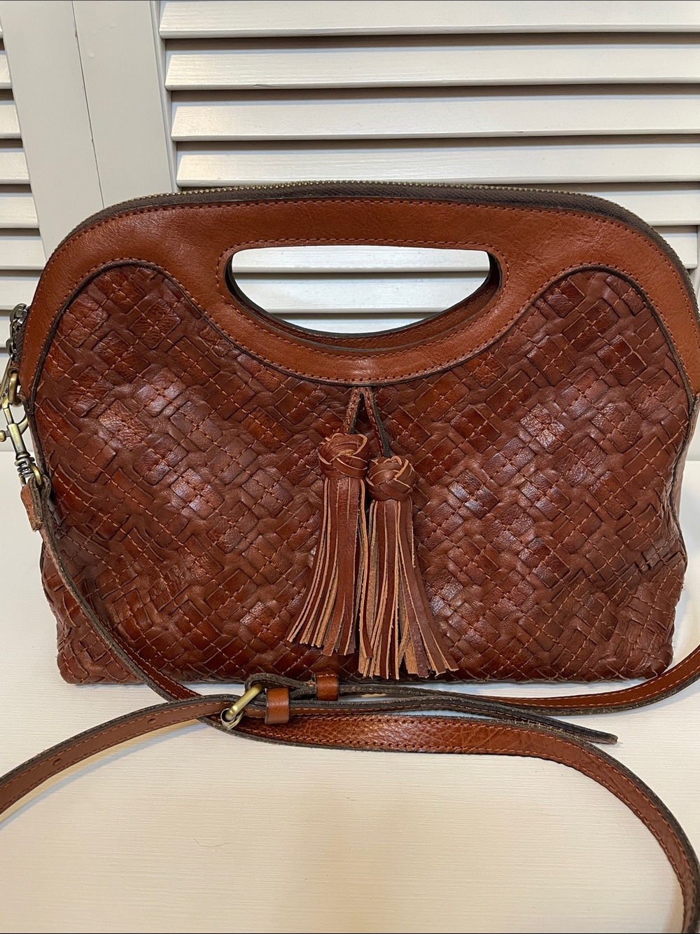 EUC Patricia Nash Vintage Woven Leather Tassel Handbag - Brown
